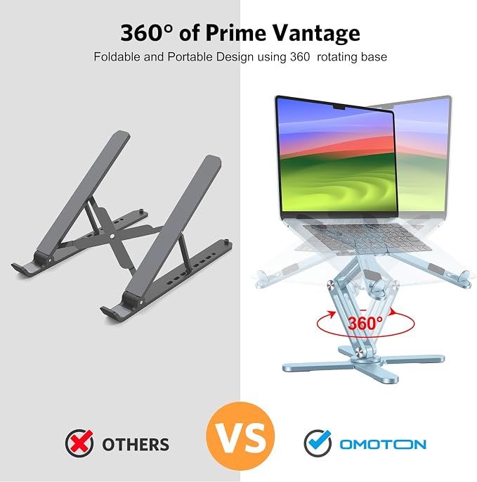 OMOTON LA10 360° Rotating Laptop Stand Riser Foldable for Desk, Sky Blue | Aluminium Aolly, Adjustable Height Angles, Collaborative Work, Easy Storage, Fits Laptops up to 17", for MacBook Pro/Air HP - Image 2