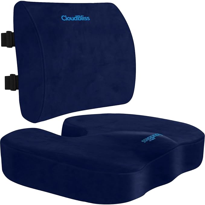 CloudBliss Ergonomic Seat Cushion & Lumbar Support Pillow Set, Blue, XL | Back Pain & Sciatica Relief, Memory Foam Support, Adjustable Straps, Machine Washable Velvet, Perfect for Office, Car, Gaming by CloudBliss