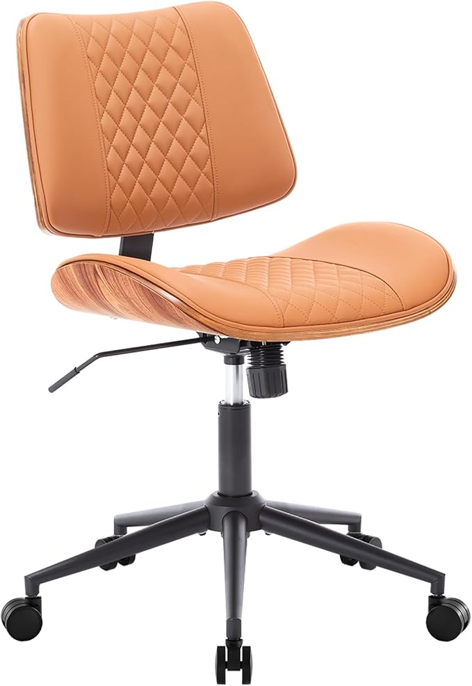 Home Office Chair No Arms with Wheels, Mid Back Walnut Style, Brown | Adjustable Height PU Leather Mid Back Support, 360 Swivel Computer Small Desk Seat, Armless Walnut Office Chair, 300LBS Cap - Image 8