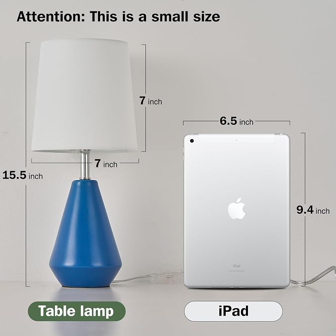 Small Bedside Table Lamp for Bedroom - Reading Desk Lamp with 3 Color Temperatures，15.5" Nightstand Ceramic Lamp with Fabric Shade for Kids Room,Living Room,Dorm,Home Office (Blue+White) - Image 7