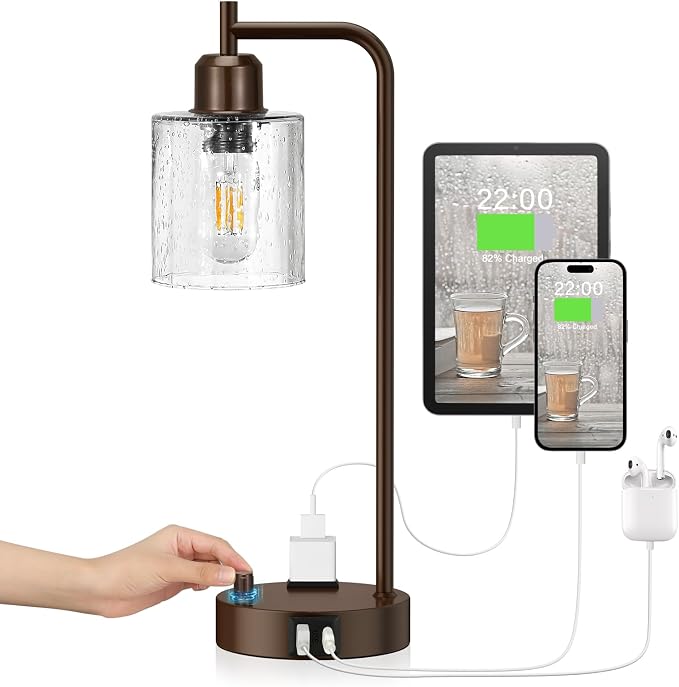 Innqoo Brown Industrial Bedside Table Lamp for Bedroom - Nightstand Lamps with USB C Charging Port, Fully Dimmable Black Ports and Outlets, Small Desk Glass Shade Office Living Room - Image 7