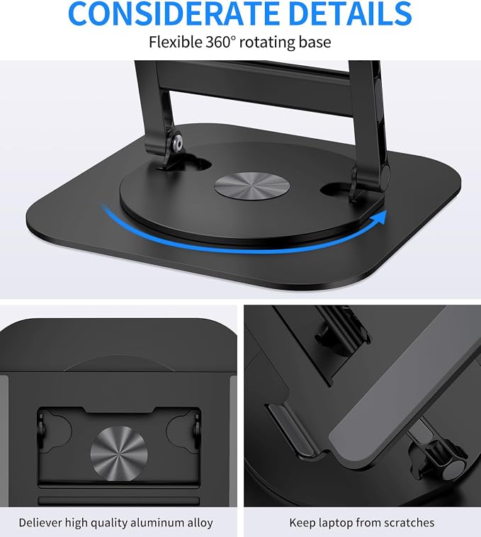 AOEVI Adjustable Laptop Stand with 360 Rotating Base, Stable Computer Stand for Laptop Ergonimic Foldable Laptop Riser for Desk Compatible with MacBook Pro/Air Notebook up to 16 Inches, Black - Image 5
