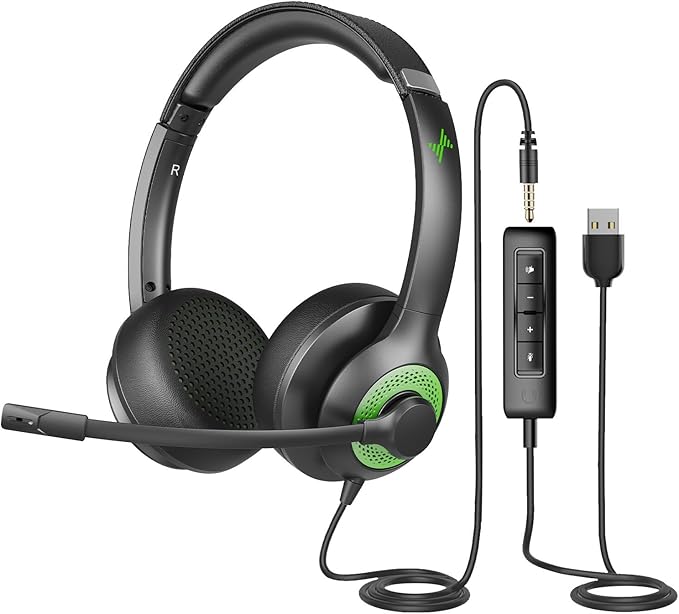 JIAMQISHI USB Headset with Mic for PC, On-Ear Computer Laptop Headphones with Noise Cancelling Microphone in-line Control for Home Office Online Class (USB+3.5mm, Green) by JIAMQISHI