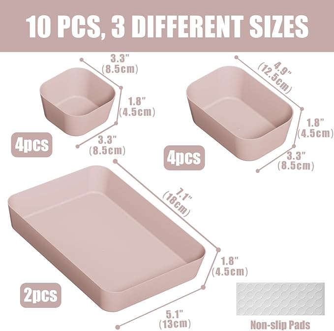 Drawer Organizers Bins 10 PCS for Bathroom Makeup Desk Office | with Non-slip Pads, 3 Sizes, Plastic Tray, Vanity Organizer, Kitchen Utensils Organizer - Image 2