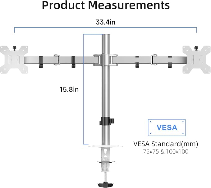 Suptek Dual Monitor Desk Mount, Adjustable Dual Monitor Arm for 2 Monitor Screens up to 38 inch, Extra Tall 15.75" Pole Monitor Stand for Desk, Holds up to 22 lbs,Silver(MD9442MS) - Image 2