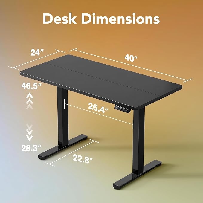 HUANUO 40x24 Inch Electric Standing Desk, Height Adjustable, Black | 176 Lbs Capacity, Smooth Home Office Desk, 4 Memory Presets & Headphone Hooks, 28.3–46.5 Inch Height Range, Easy to assemble - Image 3