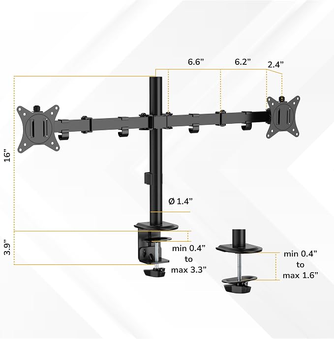 Mount-It Dual Monitor Arm, Heavy Duty Desk Mount for 2 Screens 13-32 in | Up to 19.8 lbs Each, Full Motion Tilt Swivel Rotate, VESA 75x75 100x100, Steel, Cable Management, C-Clamp or Grommet, Black - Image 8