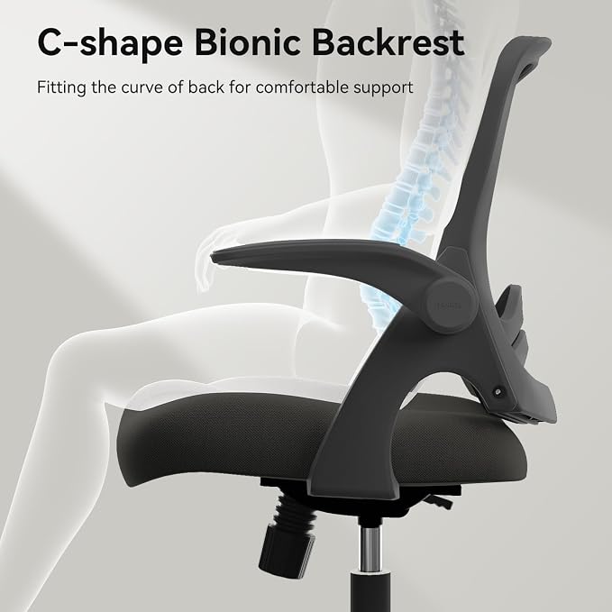 Hbada Office Desk Chair with Flip-Up Armrests and Saddle Cushion, Ergonomic Office Chair with S-Shaped Backrest, Swivel, Mesh, Black - Image 8