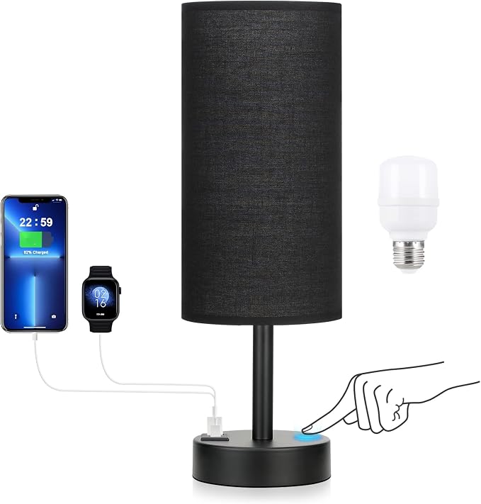 Black Touch Table Lamp for Bedroom - Small Bedside Desk Lamp for Kids | USB A+C Ports, 3-Way Dimmable, LED Bulb Included, Black Fabric Lampshade, Matt Black Metal Base, 14" Night Stand Lamp by DicooolDirect