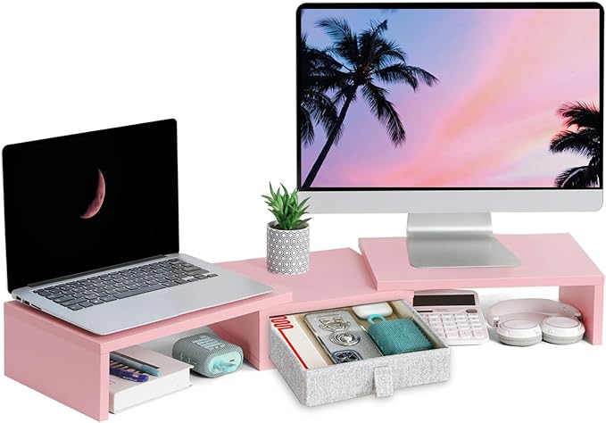 TEAMIX Pink Dual Monitor Stand Riser with Drawer - Length and Angle Adjustable Double Corner Desk Shelf Organizer 37 inch for 2 Laptop/PC/Screen/TV by TEAMIX