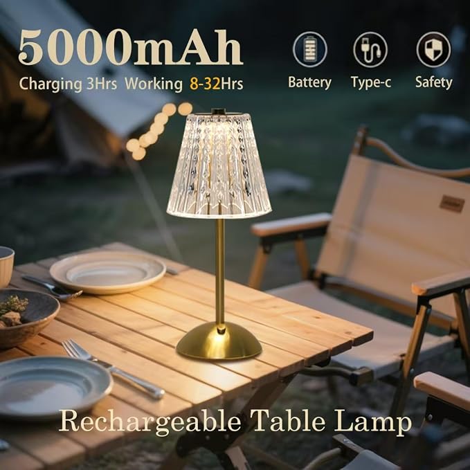 Crystal Table Lamp, 5000mAh Rechargeable Lamp with Touch Control, 3 Color Temperatures, Dimmable Brightness, Matte Aluminum Light for Bedroom/Bar/Kitchen/Outdoor (Fashion Gold, 5.55Inch-1Pc) - Image 5