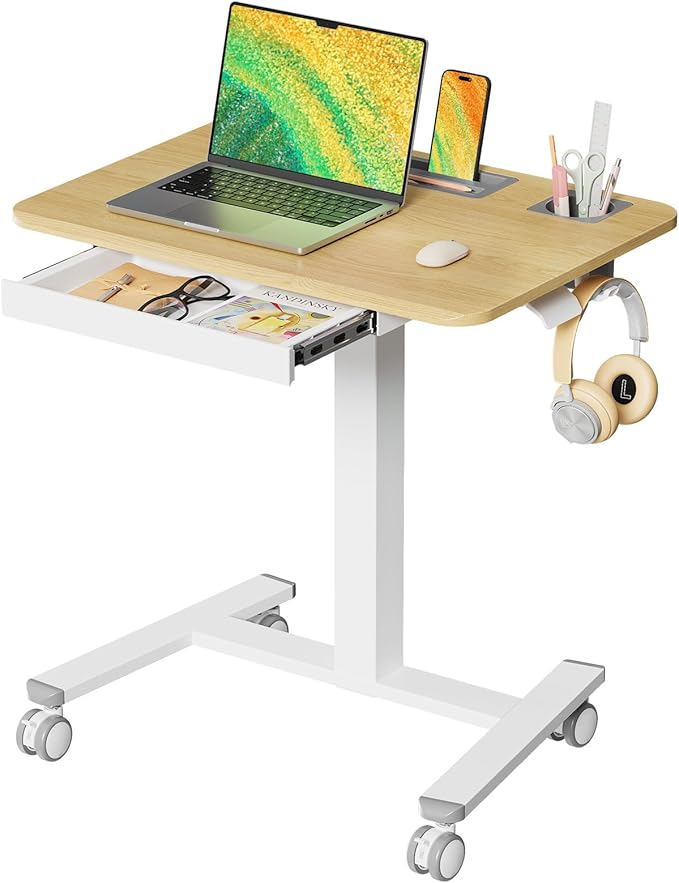 28" Mobile Standing Desk with Drawer, Portable Laptop Desk | Rolling Desk with Cup Holder & Hooks, Height Adjustable Computer Cart on Wheels for Classroom, Study Desk with Storage, Maple by JYLHJOYSEEKER