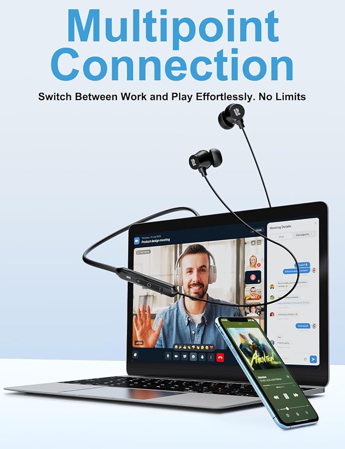 Rythflo 32dB Active Noise Cancelling Neckband Bluetooth Headphones, 60Hrs | 3 AI Mics ENC, V5.3 Multipoint Connection, ANC in-Ear earbuds, IPX6 Magnetic Earbuds for Home/Work/Travel/Office/Commute - Image 7
