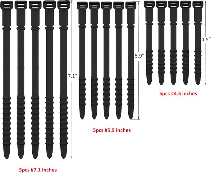 Silicone Zip Ties, Reusable Zip Ties, Rubber Cable Ties Straps for Wire Management, Elastic Silicone Ties Cable Organizer for Home Office, Cord Ties in Three Sizes 4.5" 5.9" and 7.1" (5+5+5 Pcs Black) - Image 7