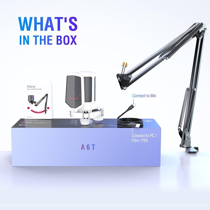 FIFINE A6TW Gaming USB Microphone Kit, RGB Condenser Mic for PC Streaming | Mute Button, Gain Knob, Cardioid pickup, Plug & Play for PS5/Mac/Windows, Boom Arm & Pop Filter, for Discord Twitch Podcasts - Image 7