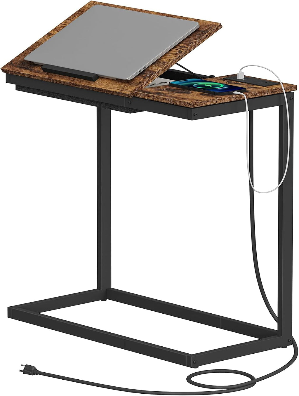 TUTOTAK Large C Shaped End Table, Side Table with Charging Station C Table by TUTOTAK
