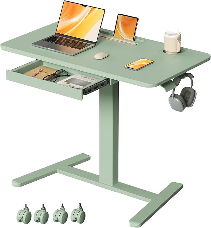 Mobile Standing Desk with Drawer, 35"×20" Small Laptop Desk | Portable Workstation with Cup Holder and Hooks, Height Adjustable Rolling Desk with Wheels, Teacher Classroom Use, Sage Green by JYLHJOYSEEKER