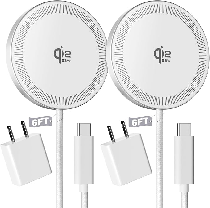 2Pack Magnetic Wireless Charger 25W Fast Charger for iPhone 17/16/15/14/13/12 Series & AirPods, Portable Wireless Charging Pad for Travel Home Office Desk, 6.6FT-White with Plugs by Tagzilo
