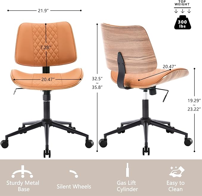 Home Office Chair No Arms with Wheels, Mid Back Walnut Style, Brown | Adjustable Height PU Leather Mid Back Support, 360 Swivel Computer Small Desk Seat, Armless Walnut Office Chair, 300LBS Cap - Image 2