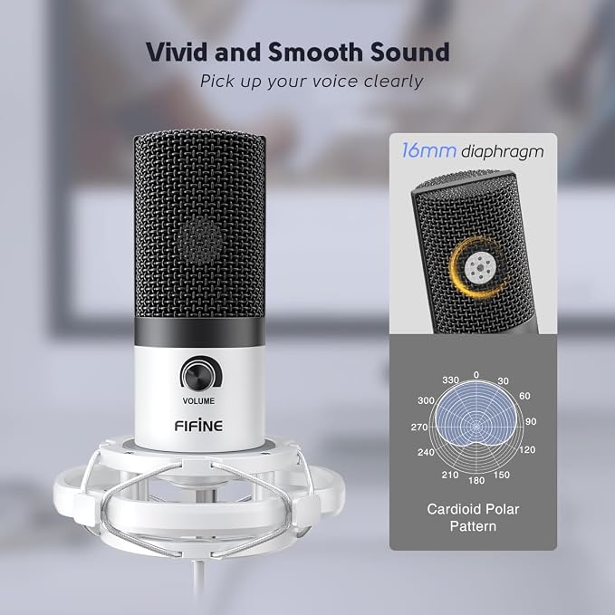 FIFINE T669 White USB Recording Microphone Kit for Vocals, Voice-Over | Studio Condenser Microphone, Metal Boom Arm, 16mm Large Diaphragm, Podcast, Streaming, Music Creation, Singing - Image 2