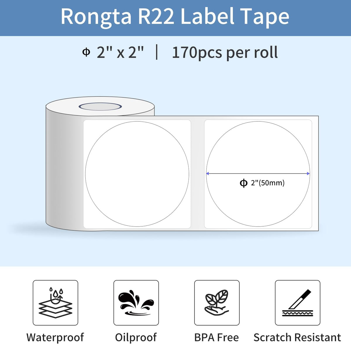 Rongta Label Tape for R22, Standard Laminated Thermal Label Tape Replacement, Waterproof, Oil-Proof Sticker for Home Office Small Business Labeling (White, Round Φ 2'' (170 Labels/Roll)) - Image 2