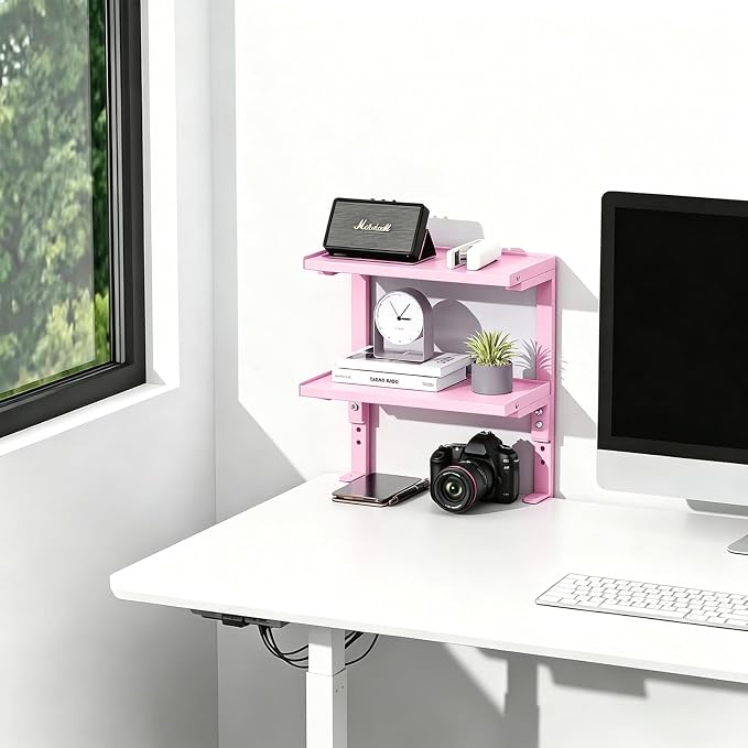 Spacrea Clamp on Desk Shelf, 2 Tier Office Desk Shelves Organizer, Wood Desktop Supplies Storage Rack, Desk Organizers and Accessories (Pink) - Image 2