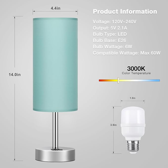 Teal Touch Table Lamp for Bedroom - Bedside Desk Lamp for College Dorm | USB A+C Ports, 3-Way Dimmable, LED Bulb Included, Teal Fabric Lampshade, Silver Metal Base, Compact 14" Night Stand Lamp - Image 7