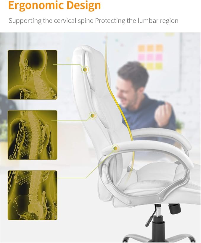 Office Chair Computer High Back Adjustable Ergonomic Desk Chair Executive PU Leather Swivel Task Chair with Armrests Lumbar Support (White) - Image 7