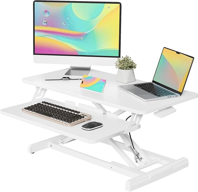 JOY worker 32" Standing Desk Converter, Height Adjustable Stand Up Riser | White Desktop Sit to Stand Riser with Fixed Keyboard Tray, Monitor and Laptop Workstation, Particle Board, for Home Office by JOYworker