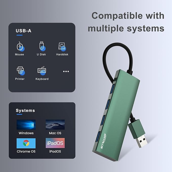 USB Hub, USB 3.0 Hub Aluminum Alloy Ultra Slim USB Splitter, Portable 4 Port USB Extender, USB Hub for Laptop, PC, MacBook, iMac, Surface Pro, Mac Pro, Flash Drive, XPS 【Green】 - Image 5