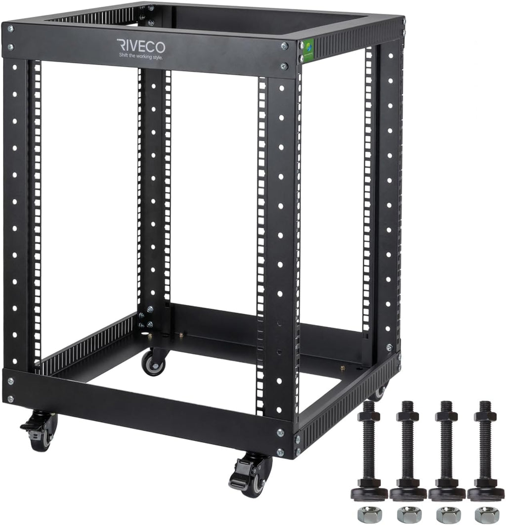 12U Server Rack Open Frame with Casters-RIVECO 4 Post Quick Assembly 19-inch, Data Rack Network Shelf Cabinet Heavy Duty Black by RIVECO