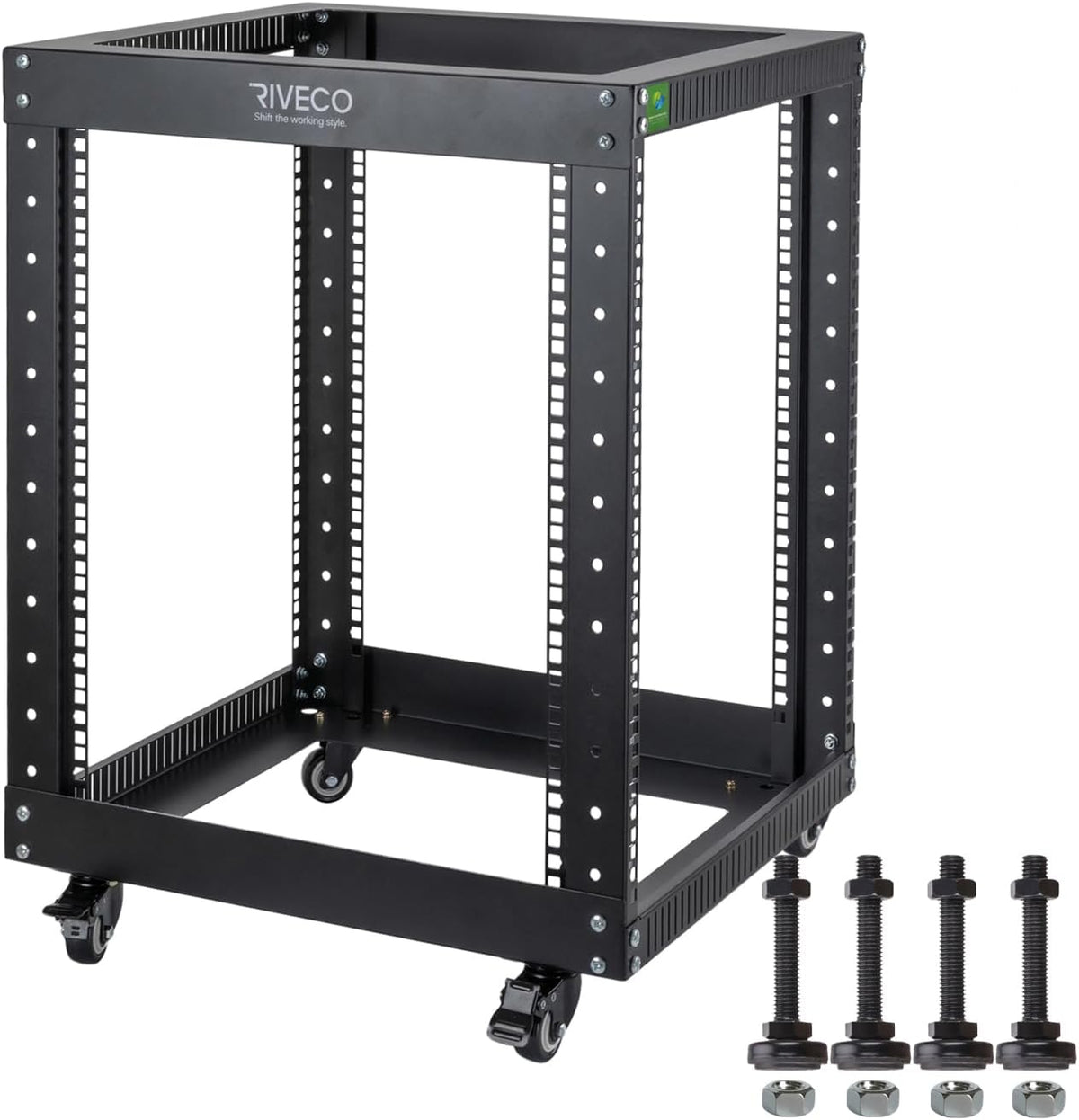12U Server Rack Open Frame with Casters-RIVECO 4 Post Quick Assembly 19-inch, Data Rack Network Shelf Cabinet Heavy Duty Black by RIVECO