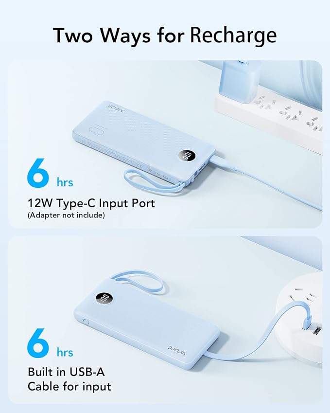 VRURC Portable Charger Power Bank, Built-in 4 Cables & 2 Ports 10000mAh | LED Display Slim Battery Pack,Compact Travel Essential Portable Phone Charger 5 Output for Multi Devices,Student/Teens(1Pack) - Image 9