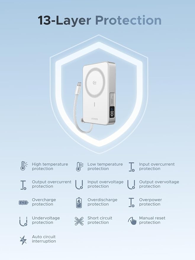 UGREEN MagFlow 10000mAh Qi2 25W Wireless Power Bank Built-in Cable | Qi2 25W wireless, built-in cable, 30W PD wired. MagSafe compatible. White for iPhone 17/12 - Image 9