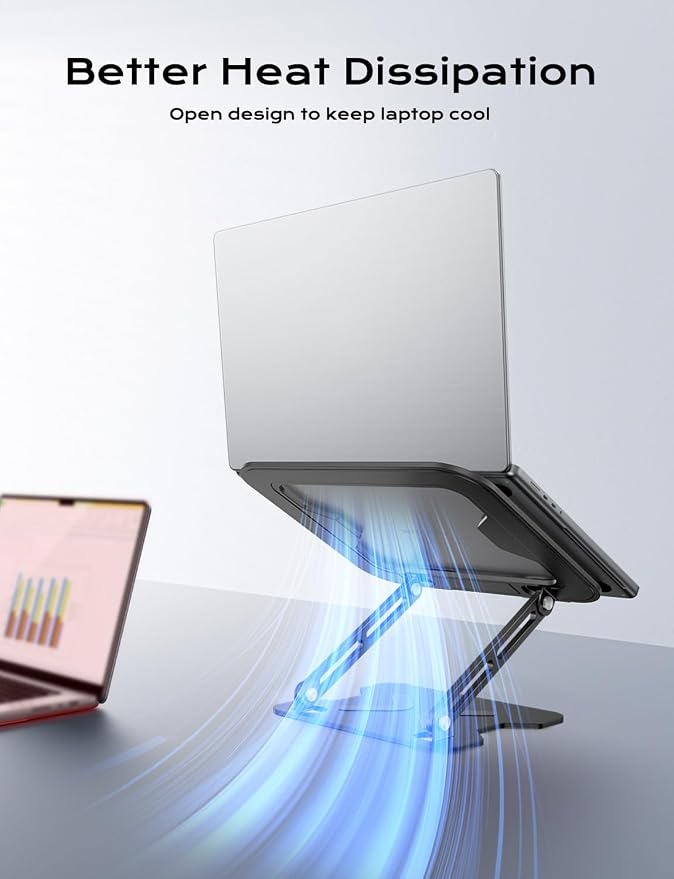 JCZT Adjustable Laptop Stand for Desk, Metal Foldable Laptop Riser, Black | Ergonomic Portable Laptop Stand, Ventilated Cooling Computer Notebook Holder for MacBook Air Pro, All 10-16'' Laptops - Image 6