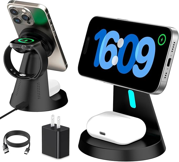 Wireless Charger,3 in 1 Charging Station,15W Phone Charger Stand | Compatible with Mag-Safe Charger for iPhone 17/16/15/14/13/12 Series, Apple Watch, AirPods (Adapter Included) by Utotrip