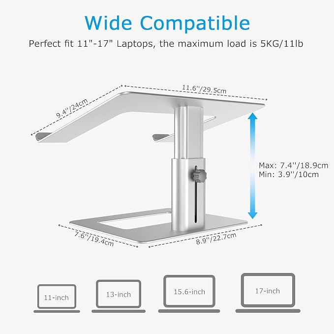 BoYata Laptop Stand, Height Adjustable Laptop Riser for 11-17" Laptops | Ergonomic Laptop Stand for Desk, Ventilated with U-Shaped Open Design, Sturdy Notebook Stand for 10-17'' Laptops, Silver - Image 6