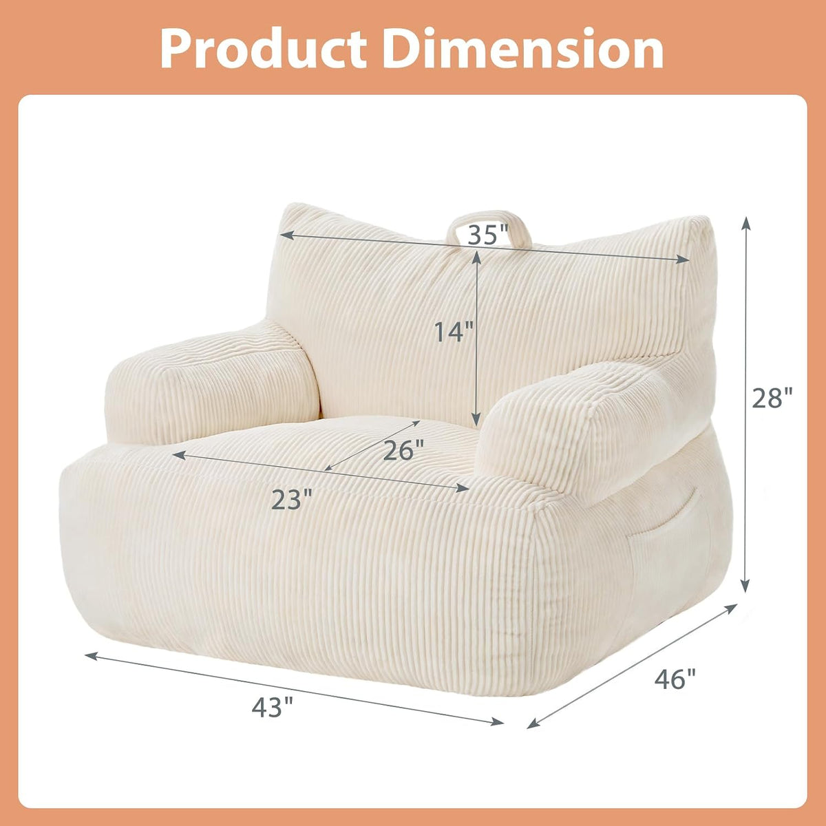 HUGHEAVEN Bean Bag Chair for Adults & Teens, Comfy Bean Bag Sofa, Beige, - Image 2
