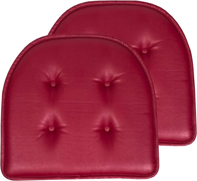 Sweet Home Collection Chair Cushion Memory Foam Pads Tufted Slip Non Skid Rubber Back U-Shaped 17" x 16" Seat Cover, 2 Count (Pack of 1), Faux Leather Burgundy Red by SweetHomeCollection
