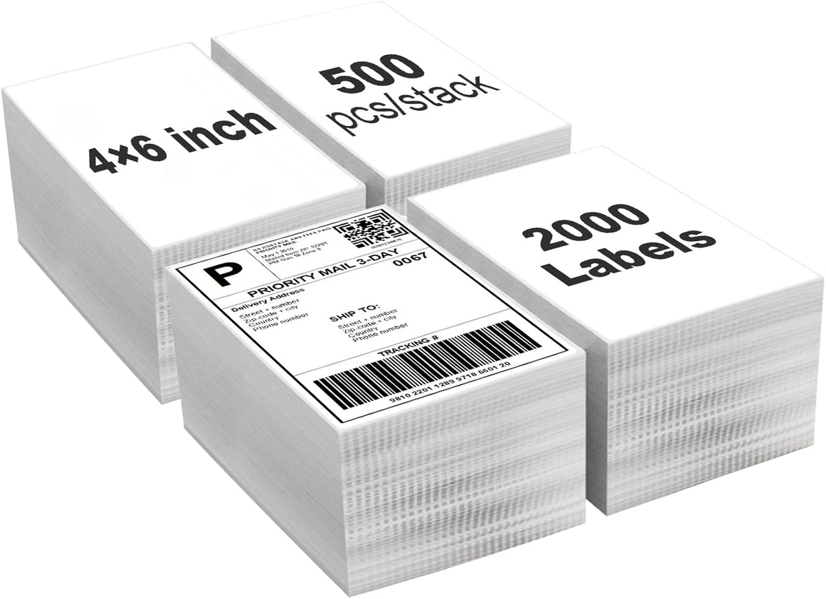 【2000 Labels/4 Stacks】 Labelebal 4" x 6" Fanfold Direct Thermal Labels (101mm x 152mm) Shipping Address Mailing Postage Labels Compatible for Zebra & Rollo Printer Adhesives (500 Labels/Stack) by Labelebal