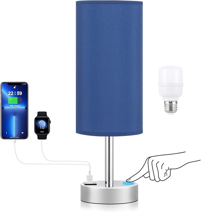 Blue Touch Table Lamp for Bedroom - Bedside Desk Lamp for College Dorm | USB A+C Ports, 3-Way Dimmable, LED Bulb Included, Navy Blue Lampshade, Silver Metal Base, Compact 14" Night Stand Lamp by DicooolDirect