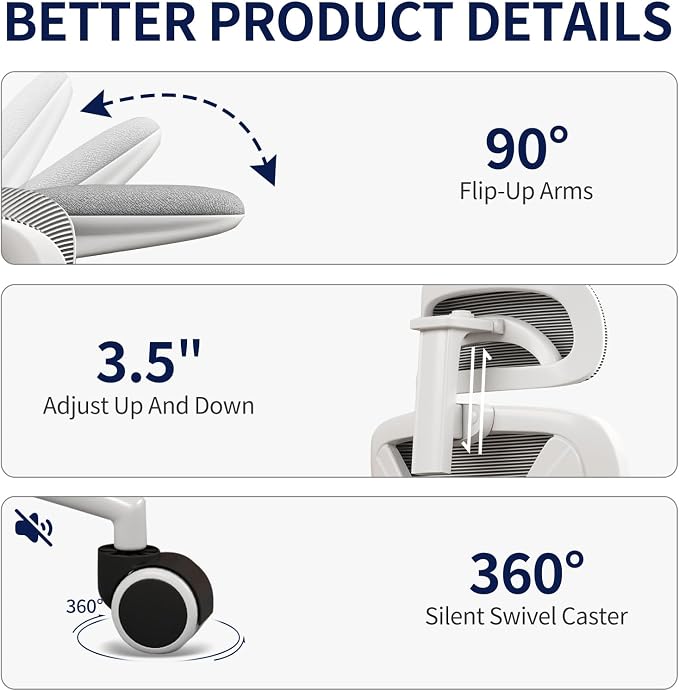 Ergonomic Office Chair - Desk Chair with Adjustable Headrest Lumbar Support Computer Chair - Mesh Comfy Chair with Flip-up Armrests - Gaming Chairs for Adults Home Office (White+Gray) - Image 8