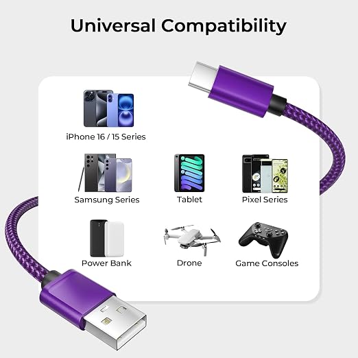 Basesailor for iPhone 17 16 Pro Max Charger Cord,USB to USB C Cable,Type C Charging Power Cord for Apple 17e 15 iPad 10 Air 4 5,Samsung Galaxy S26 S25 S24 S23,Purple,3Pack 1.5/3.3/6.6FT(0.5/1/2M) - Image 7