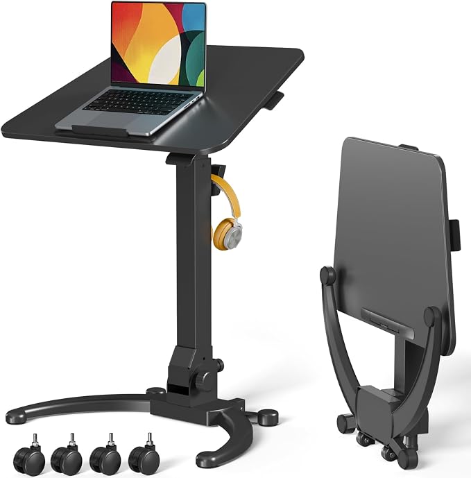 JOY worker Foldable Laptop Desk on Wheels, Adjustable Mobile Standing Desk | Max Height 47.6", 90° Tiltable Top & Base, Portable Height Adjustable Workstation with Lockable Casters, Holds 22lbs, Black by JOYworker