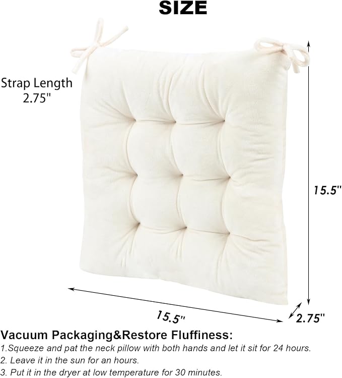 2 Pack Square Seat Cushion Chair Pads for Kitchen Dining Chairs, Soft Comfort Velvet Chair Mat Pillow Cushions with Ties for Office Desk Living Room Tatami 15.5", Ivory - Image 2