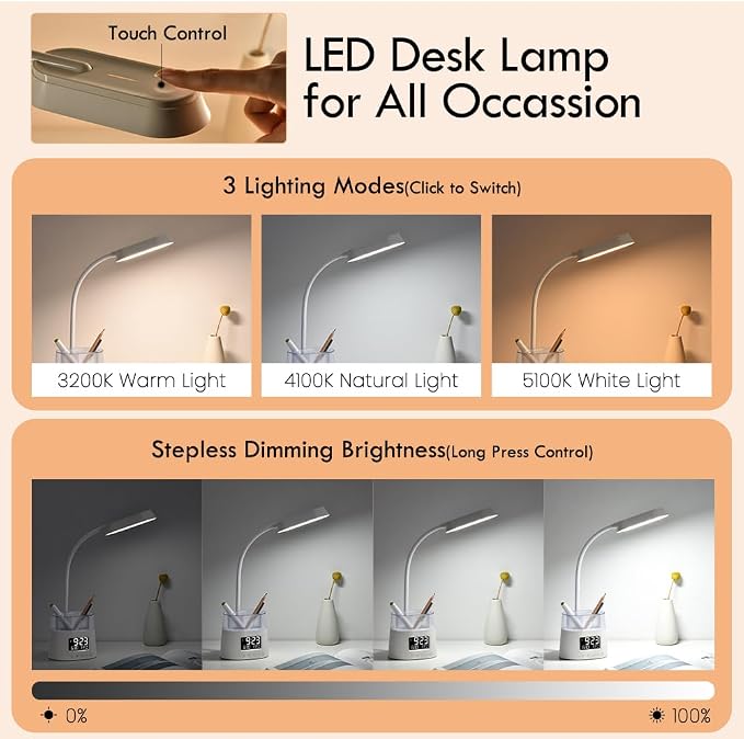 WILIT LED Desk Lamp for Home Office with Pen Holder, RGB Night Light, White | Table Lamp for Bedroom with USB Charging Port & Clock, Study Lamp for Kids Girls, Desk Light for College Dorm Room Essentials - Image 2