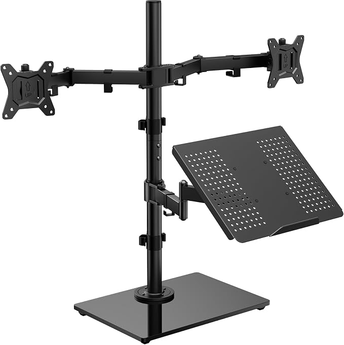 HUANUO Dual Monitor Stand with Laptop Desk Mount, Freestanding Glass Base | Fits 13-32 Inch Screens, Up to 17 Inch Laptop, 22 lbs/Monitor Arm, 19.8 lbs/Tray Arm, 2 Setup Options, VESA 75x75/100x100mm by HUANUO