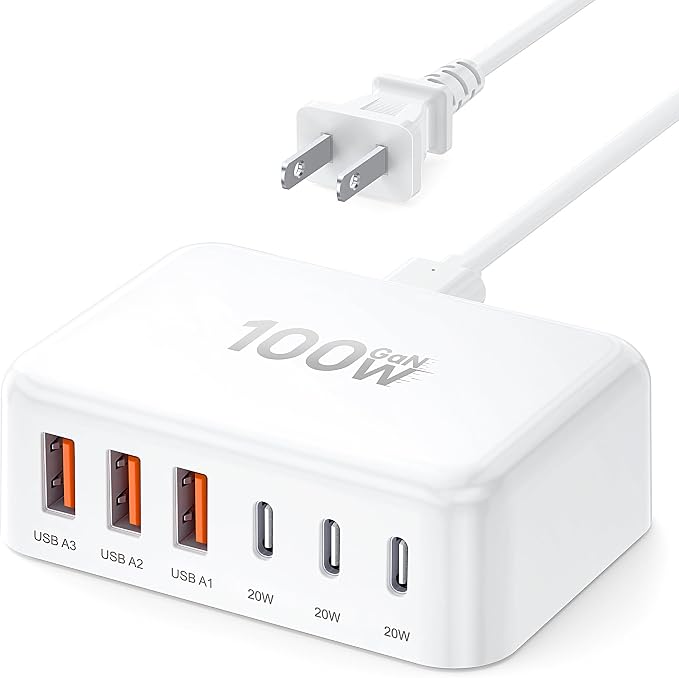 USB C Charger Block, GaN Fast USB Charging Station Hub with 100W Max 6-Port | 3 USB-C & 3 USB-A Compact Desktop Charger for Home Office, PD20W USB Power Strip for iPad iPhone 17 16 15 14 Pro Max Galaxy by BREEKET