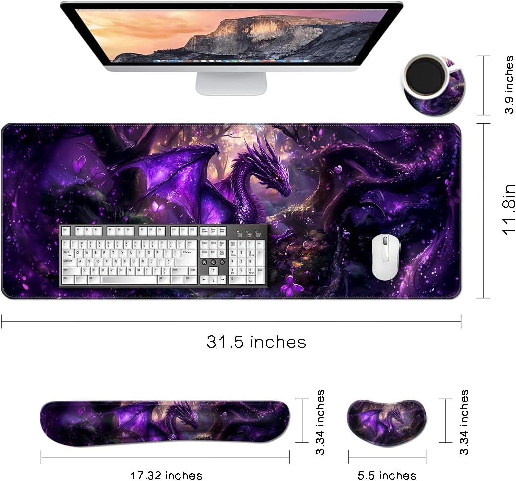 MIBITRI Keyboard Mouse Pad Set, Extended Gaming Mouse Pad+Ergonomics Keyboard Wrist Rest Support, Memory Foam, Easy Typing Pain Relief, 4Pcs XXL Ultra Thick Desk Mat, Dragon - Image 2