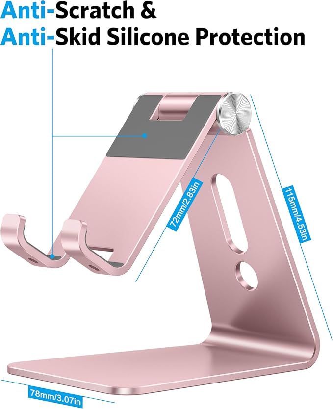 OMOTON Adjustable Cell Phone Stand, C2 Aluminum Desktop Phone Holder Dock Compatible with iPhone 15 14 13 Xs XR 8 Plus 7 6, Samsung Galaxy, Google Pixel, Android Phones, Rose Gold | Sturdy 3mm Aluminum, Charging Port, 270° Adjustable, Non-Slip Silicone... - Image 3
